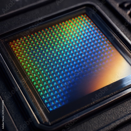 Macro photograph showing iridescent rainbow reflections on a camera image sensor matrix array