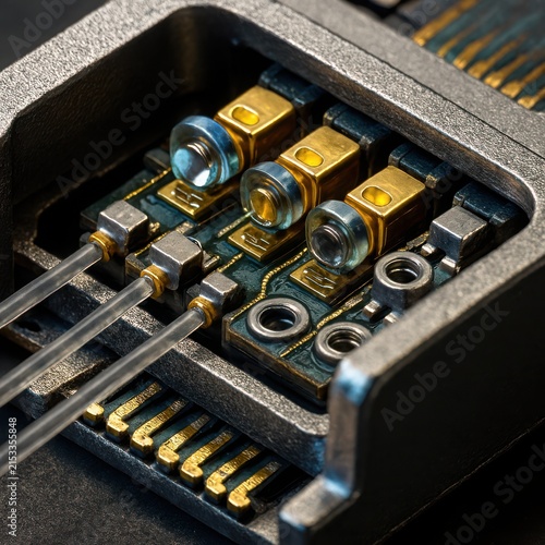 Close up view of an optical fiber transmitter module featuring miniature laser diodes