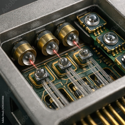 Detailed macro render of a hybrid optoelectronic transceiver circuit with gold bond wires