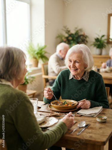Two elderly women are seated at a table in a dining room in a softly lit everyday setting
