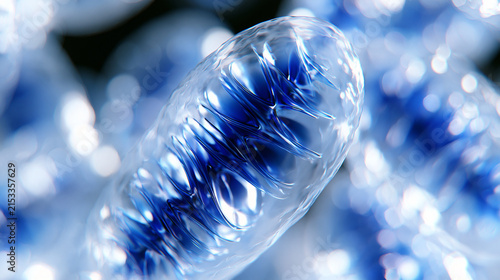 Several mitochondria matching the visual aesthetic, lighting, colour, and photographic style of the DNA reference image. 