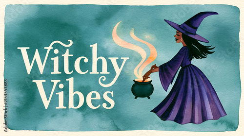 Watercolor Halloween illustration, whimsical side view of an elegant female witch stirring a small cauldron with soft glowing steam, wearing a deep purple dress and tall hat, clean