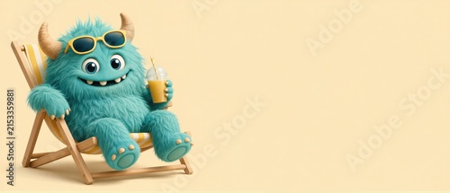 Funny fluffy teal monster wearing yellow sunglasses relaxing in beach chair with cold drink. Cute creature enjoying summer vacation on pastel background. Banner with copy space