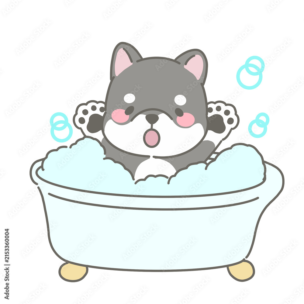 Naklejka premium お風呂に入ってはしゃぐ黒い柴犬のキャラクターの手描きイラスト