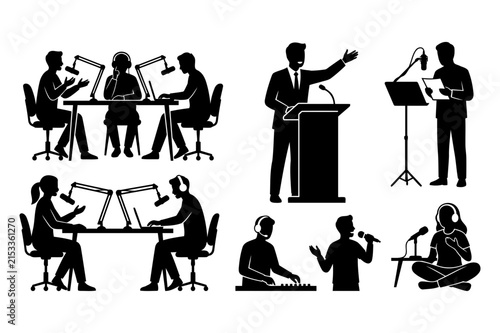 Silhouettes Depicting Podcasting, Public Speaking, and Audio Broadcast Production Elements