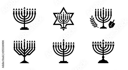 Hanukkah Menorah Icons, Jewish Holiday Candle Holders, Dreidel and Star of David Symbols, Vector Set