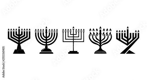 Hanukkah Menorah Vector Icons Set, Traditional Jewish Holiday Candle Holders, Festive Celebration Symbols