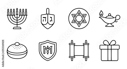 Hanukkah Icons Set: Menorah, Dreidel, Star of David, Gift, Torah, Sufganiyah, Oil Lamp, Shield