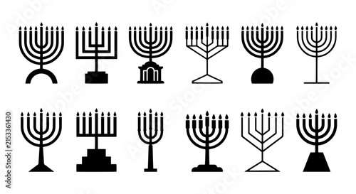 Hanukkah Menorah Icons Set, Jewish Holiday Candlesticks Collection, Festive Symbols Vector Graphics