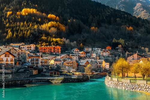Small lake and a village of Pietraporzio in Piedmont, Italy.