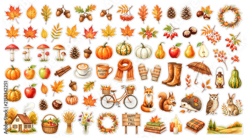 Autumn harvest watercolor elements, pumpkins, leaves, cozy fall decor, seasonal animals, nature-inspired clipart, woodland creatures, watercolor illustration, rustic autumn scene, fall stickers set