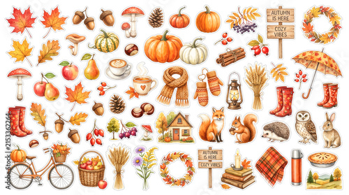 autumn watercolor clipart collection, pumpkins, leaves, cozy vibes, vintage fall illustrations, autumn decorations, seasonal art, fall elements, rustic charm, fall stickers set, autumnal mood