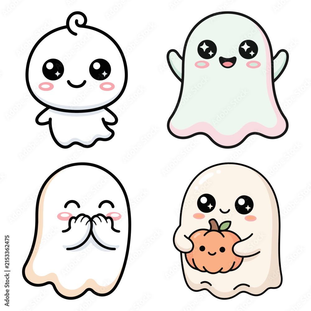 Obraz premium Kawaii ghost and pumpkin character collection colorful vector illustrations on a transparent background ghosts halloween