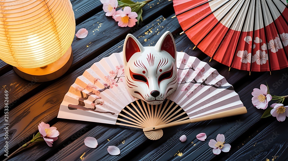 Naklejka premium Traditional Japanese cultural items set with fox mask fan lantern umbrella
