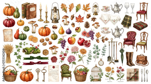 Vintage autumn clipart collection, watercolor elements, cozy fall decor, pumpkins and leaves, rustic home inspiration, seasonal harvest items, nostalgic vibes, retro style, botanical motifs