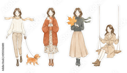Autumn fashion watercolor illustrations, cozy fall outfits, seasonal style, vintage charm, autumn activities, warm tones, creative design elements, lifestyle art, seasonal inspiration, young women