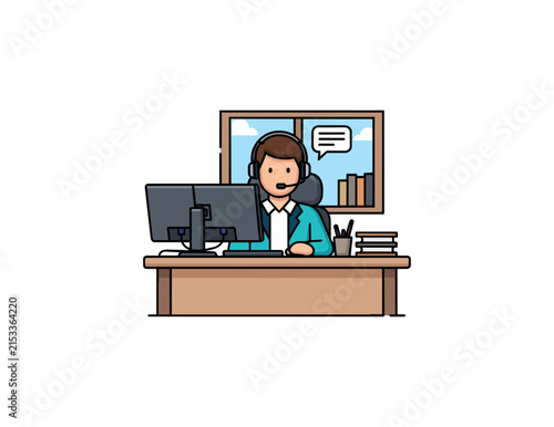 Person wearing headset working at computer desk illustration