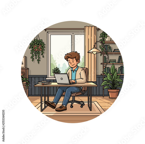 Person working on laptop at desk in cozy room illustration