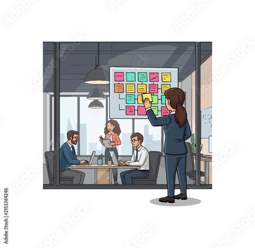 Team collaborating on project plan board in office meeting room
