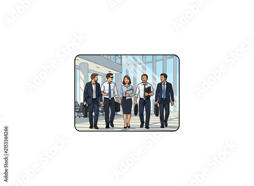 Team walking in modern office building interior