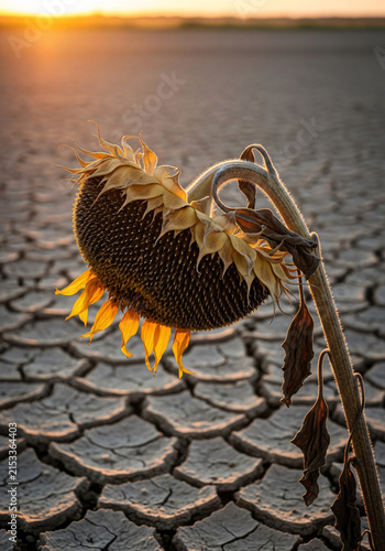 Wilted Sunflower Standing on Severely Cracked Dry Earth at Sunset