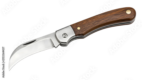 Folding garden pruning knife with curved stainless blade and wooden handle for plant cutting