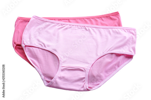 Two pink women's underwear briefs isolated on a white background, featuring a simple comfortable design for everyday wear, fashion, lingerie, clothing, and product presentation.