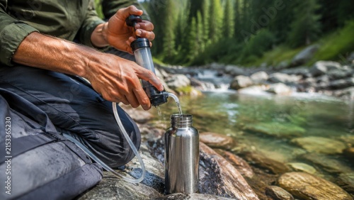 Individual using a portable water filter to purify stream water into a stainless steel bottle while sitting on rocks by a flowing river in a forested area