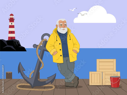 Elderly sailor in yellow raincoat leaning on anchor at harbor dock with lighthouse.