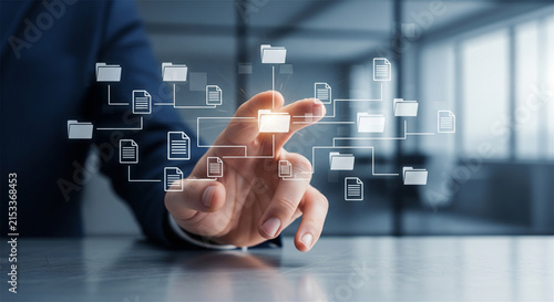 Document management system, digital database storage, businessman organizing virtual files