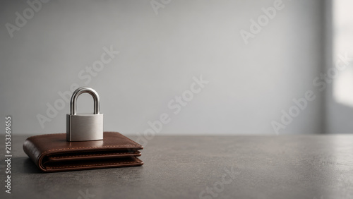 Silver metal padlock resting on a brown leather wallet as a concept for financial security and money protection
