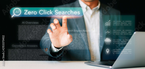 Businessman touching virtual search bar for AI zero click searches concept. Generative answers, AI overviews on search engine results page, digital marketing, and automated query.