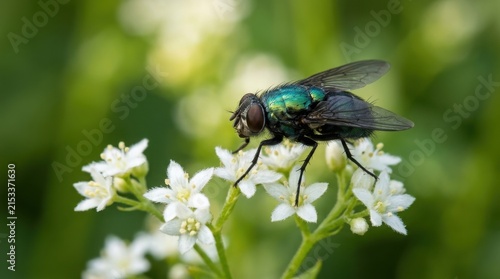 Metallic green blowfly perched on white flowers in a macro photo