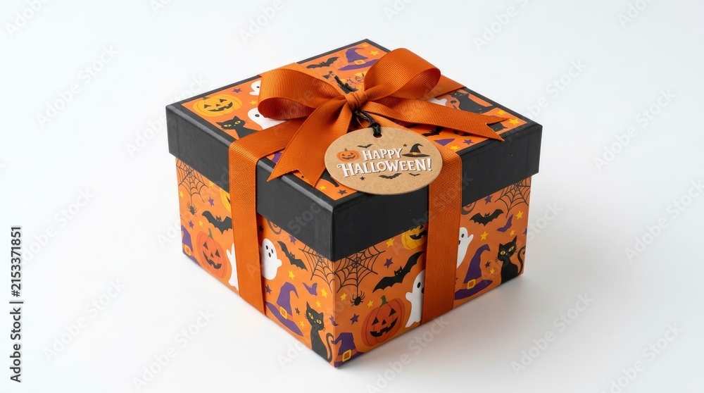 Obraz premium Festive Halloween Gift Box with Orange Ribbon and Seasonal Pattern