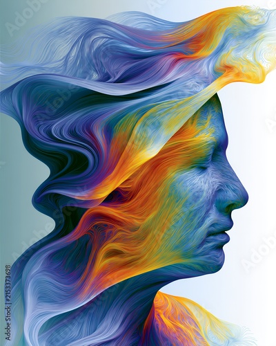 Abstract human face formed by colorful flowing lines and fluid waves