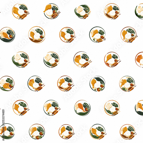 Seamless pattern with circular badges of Indonesian nasi sate chicken and rice