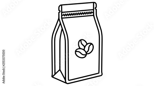 Minimalist coffee bag icon with beans, simple line art illustration for beverage branding and packaging design.