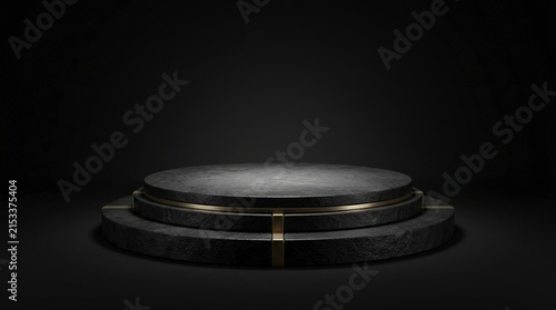 Luxury 3D Rendering of a Black Stone Circular Podium with Gold Accents for Premium Product Display