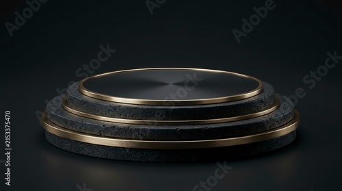Premium three tier black stone and gold metallic podium for luxury product showcase 3d rendering