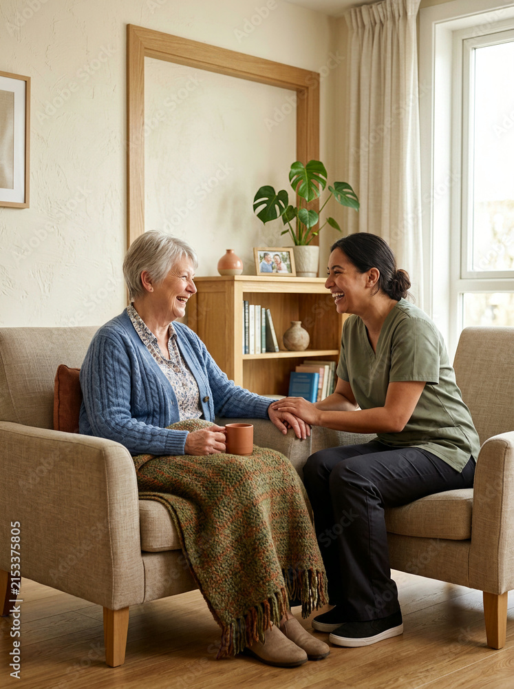 Obraz premium Two women are sitting on armchairs inside a warmly lit living room under soft natural daylight