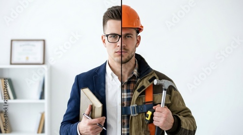 Man split screen as office professional and construction worker