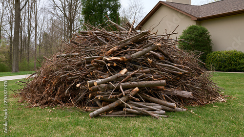 A large pile of brush and fallen tree branches sits on a residential lawn. Ideal for yard waste and seasonal.