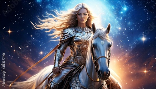 Fantasy Female Warrior Riding a White Horse Under a Magical Starry Sky 