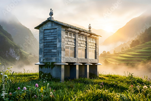 Traditional stone granary in misty mountain landscape at sunrise