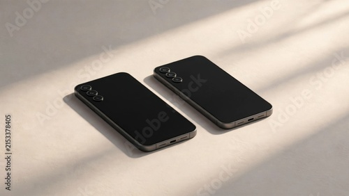 Two sleek black smartphones lying on a textured surface with soft shadows.