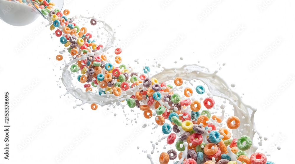 Fototapeta premium Milk splash explosion with colorful fruity loop cereal rings, Froot Loops style, flying and isolated on a white background.