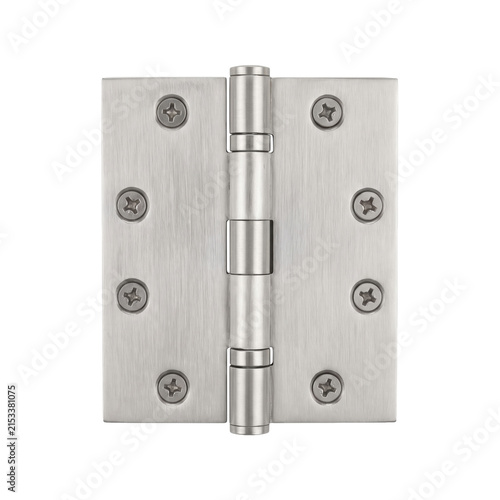 Foto Brushed nickel door hinge with visible screw heads on a clean white background