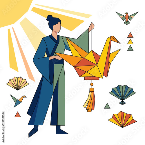 Japanese woman holding a crane paper lantern with geometric sun and fan art