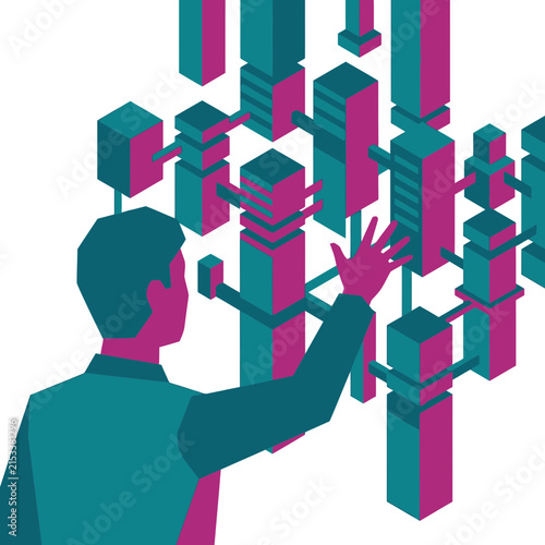 Man interacting with a futuristic digital data network in isometric style