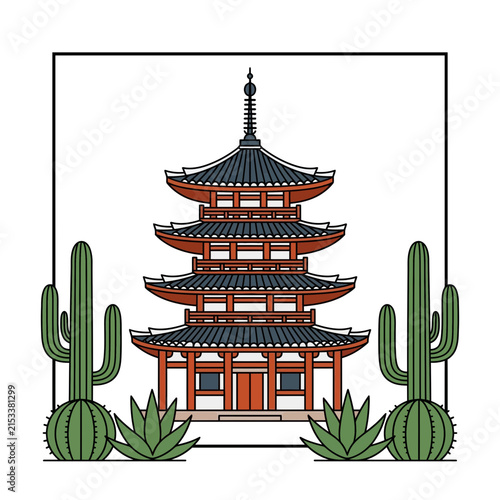 Japanese pagoda and cactus plants in linear style for creative concepts